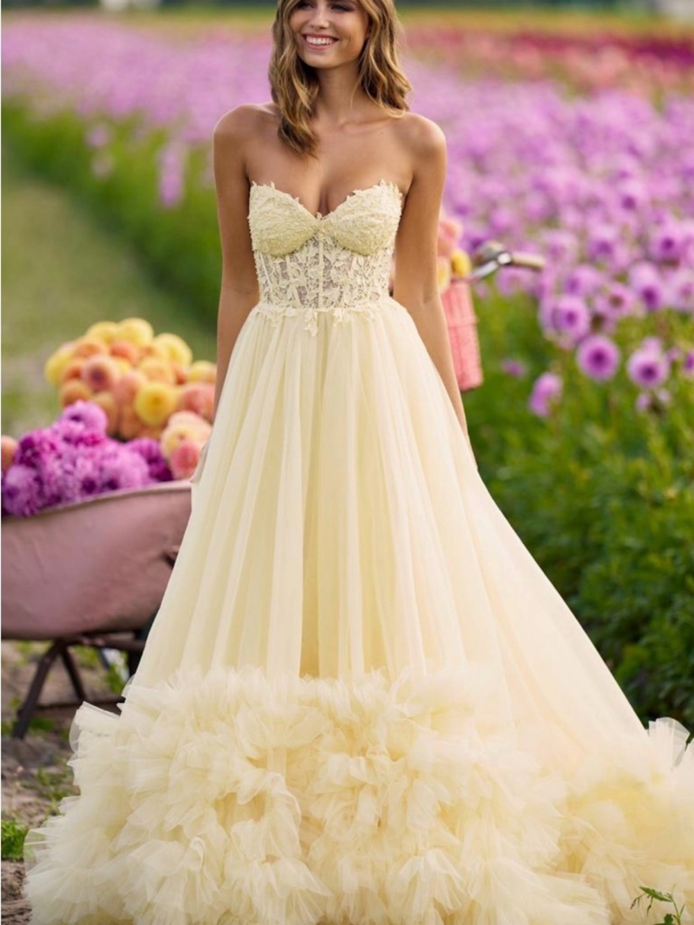 Sherri Hill Pale Yellow Strapless Lace and Tulle Gown